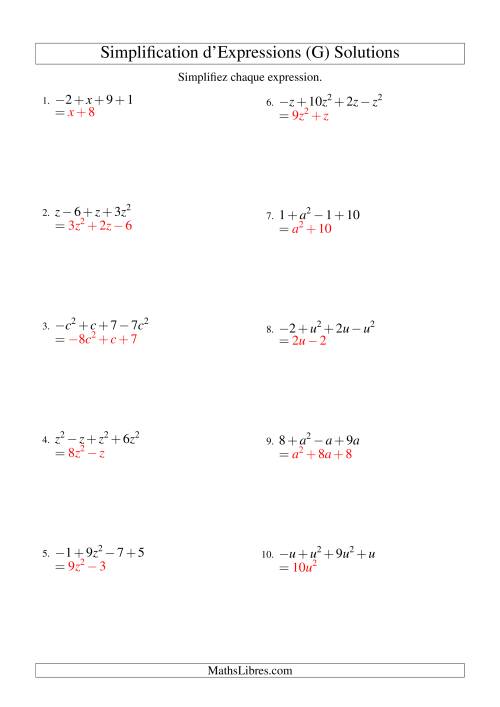 Simplification d'Expressions Algébriques avec Quatre Termes et Une Variable (Addition et Soustraction) (G) page 2