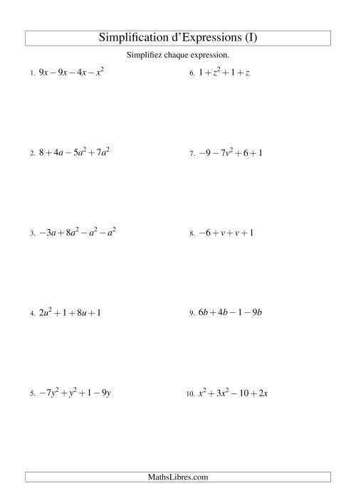 Simplification d'Expressions Algébriques avec Quatre Termes et Une Variable (Addition et Soustraction) (I)