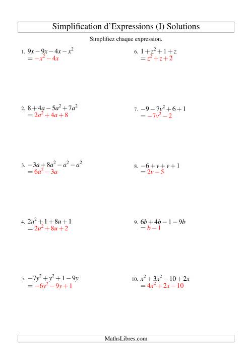 Simplification d'Expressions Algébriques avec Quatre Termes et Une Variable (Addition et Soustraction) (I) page 2