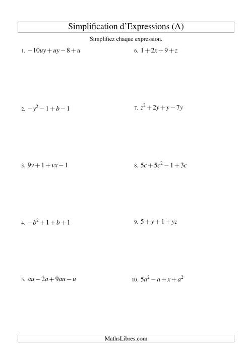 Simplification d'Expressions Algébriques avec Quatre Termes et Deux Variables (Addition et Soustraction) (A)