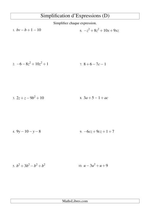 Simplification d'Expressions Algébriques avec Quatre Termes et Deux Variables (Addition et Soustraction) (D)