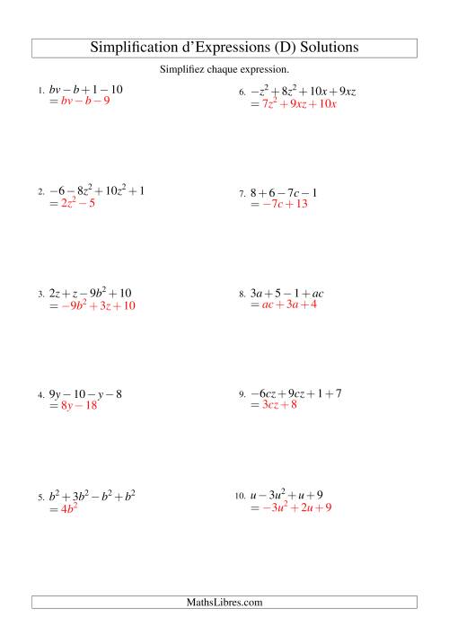 Simplification d'Expressions Algébriques avec Quatre Termes et Deux Variables (Addition et Soustraction) (D) page 2