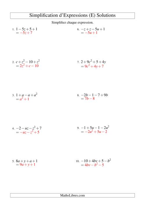 Simplification d'Expressions Algébriques avec Quatre Termes et Deux Variables (Addition et Soustraction) (E) page 2