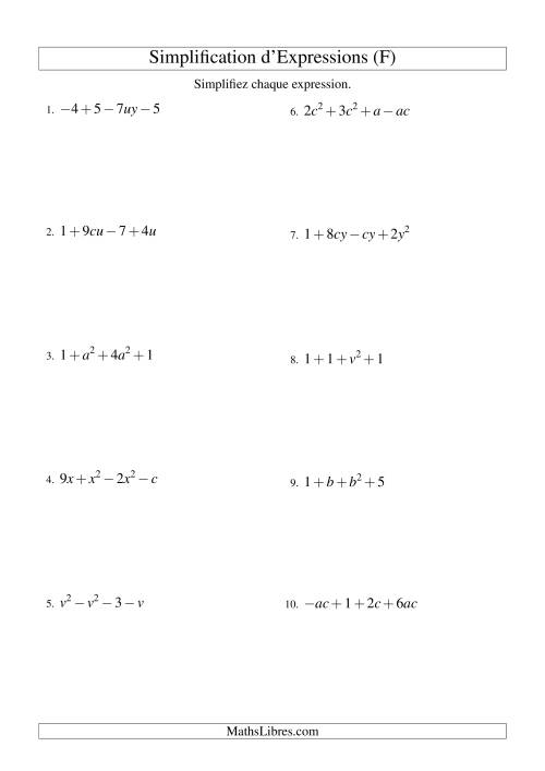 Simplification d'Expressions Algébriques avec Quatre Termes et Deux Variables (Addition et Soustraction) (F)