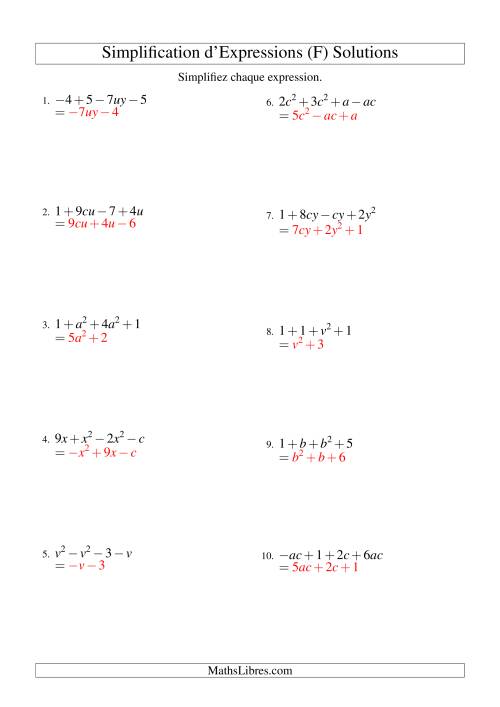Simplification d'Expressions Algébriques avec Quatre Termes et Deux Variables (Addition et Soustraction) (F) page 2