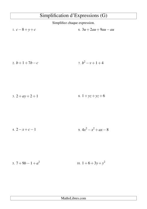 Simplification d'Expressions Algébriques avec Quatre Termes et Deux Variables (Addition et Soustraction) (G)