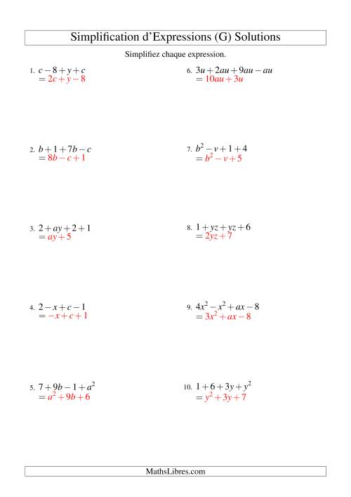 Simplification d'Expressions Algébriques avec Quatre Termes et Deux Variables (Addition et Soustraction) (G) page 2
