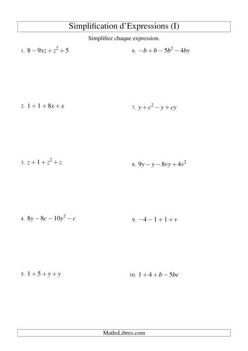 Simplification d'Expressions Algébriques avec Quatre Termes et Deux Variables (Addition et Soustraction) (I)