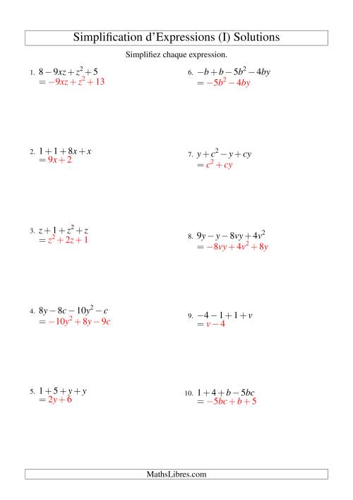 Simplification d'Expressions Algébriques avec Quatre Termes et Deux Variables (Addition et Soustraction) (I) page 2