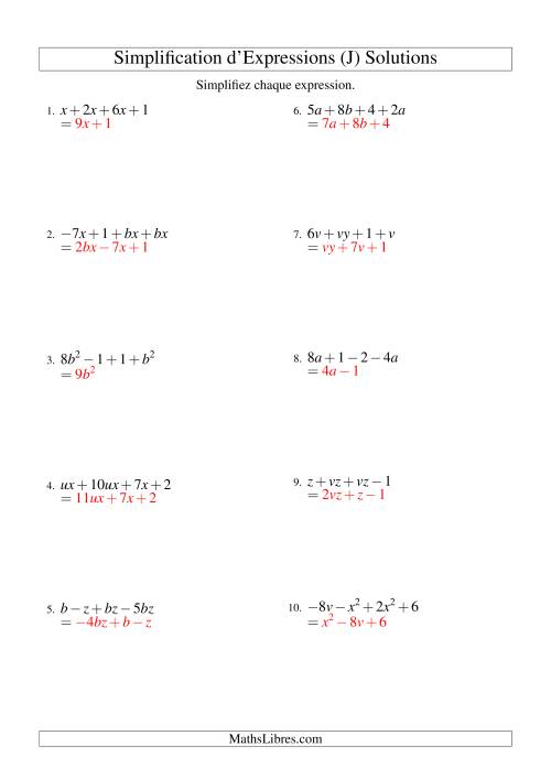 Simplification d'Expressions Algébriques avec Quatre Termes et Deux Variables (Addition et Soustraction) (J) page 2