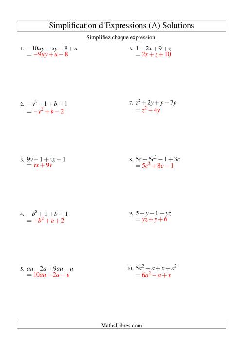 Simplification d'Expressions Algébriques avec Quatre Termes et Deux Variables (Addition et Soustraction) (Tout) page 2