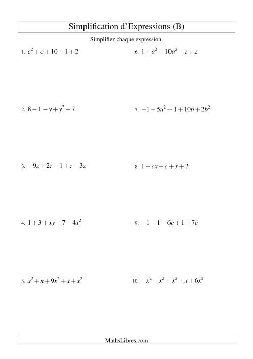 Simplification d'Expressions Algébriques avec Cinq Termes et Deux Variables (Addition et Soustraction) (B)