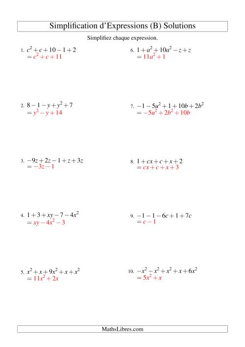 Simplification d'Expressions Algébriques avec Cinq Termes et Deux Variables (Addition et Soustraction) (B) page 2