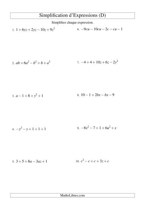 Simplification d'Expressions Algébriques avec Cinq Termes et Deux Variables (Addition et Soustraction) (D)