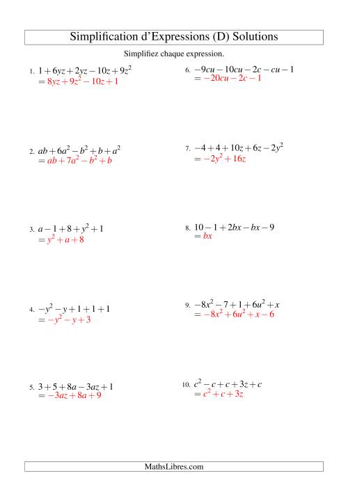 Simplification d'Expressions Algébriques avec Cinq Termes et Deux Variables (Addition et Soustraction) (D) page 2