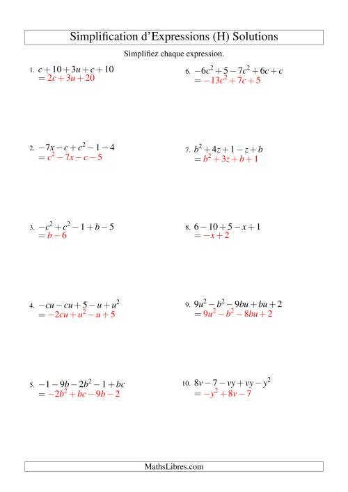 Simplification d'Expressions Algébriques avec Cinq Termes et Deux Variables (Addition et Soustraction) (H) page 2