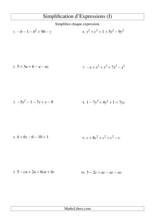 Simplification d'Expressions Algébriques avec Cinq Termes et Deux Variables (Addition et Soustraction) (I)