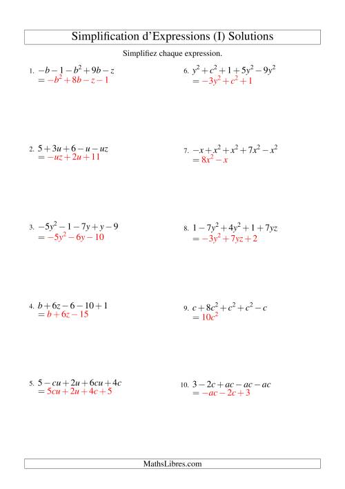 Simplification d'Expressions Algébriques avec Cinq Termes et Deux Variables (Addition et Soustraction) (I) page 2