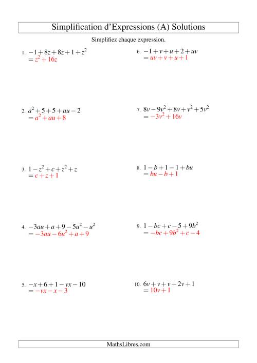 Simplification d'Expressions Algébriques avec Cinq Termes et Deux Variables (Addition et Soustraction) (Tout) page 2
