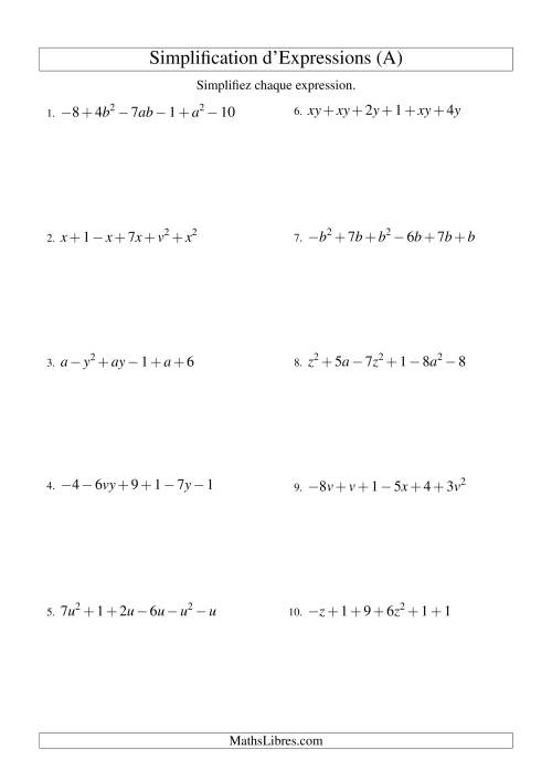 Simplification d'Expressions Algébriques avec Six Termes et Deux Variables (Addition et Soustraction) (A)