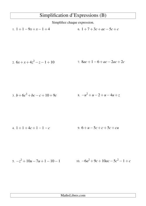 Simplification d'Expressions Algébriques avec Six Termes et Deux Variables (Addition et Soustraction) (B)