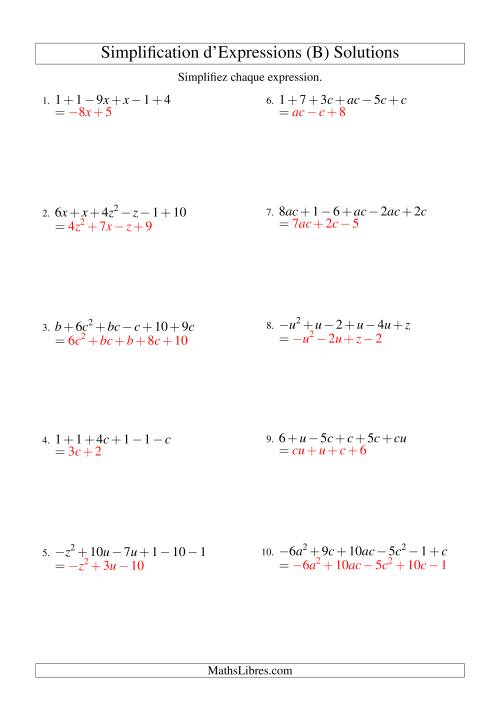 Simplification d'Expressions Algébriques avec Six Termes et Deux Variables (Addition et Soustraction) (B) page 2