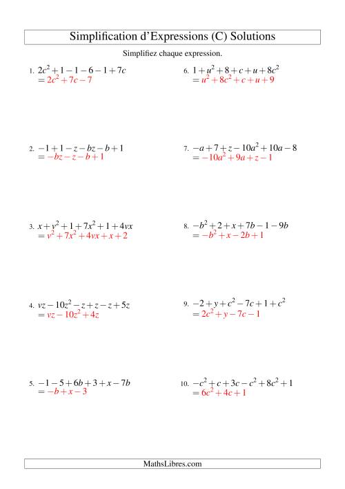 Simplification d'Expressions Algébriques avec Six Termes et Deux Variables (Addition et Soustraction) (C) page 2