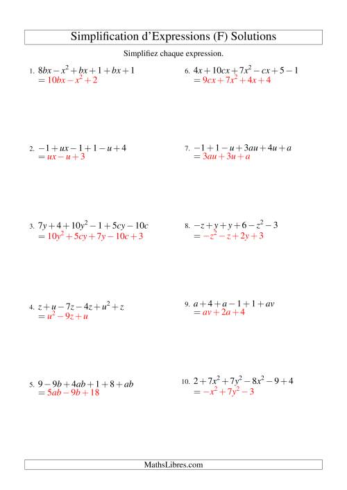 Simplification d'Expressions Algébriques avec Six Termes et Deux Variables (Addition et Soustraction) (F) page 2