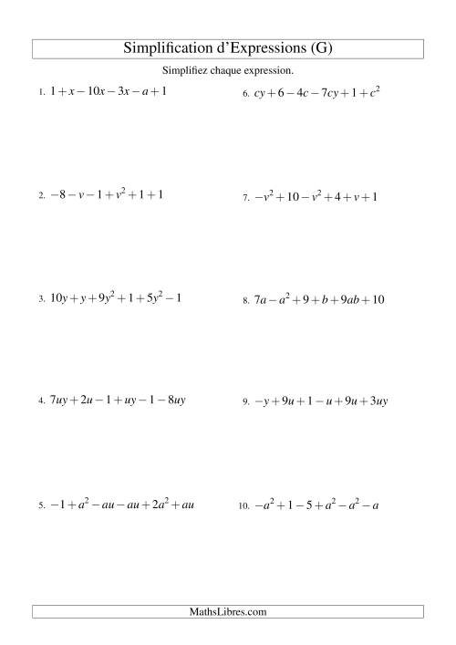 Simplification d'Expressions Algébriques avec Six Termes et Deux Variables (Addition et Soustraction) (G)