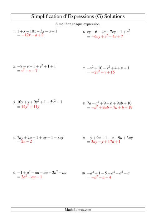 Simplification d'Expressions Algébriques avec Six Termes et Deux Variables (Addition et Soustraction) (G) page 2