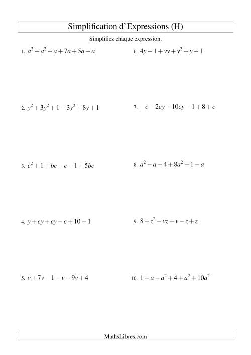 Simplification d'Expressions Algébriques avec Six Termes et Deux Variables (Addition et Soustraction) (H)