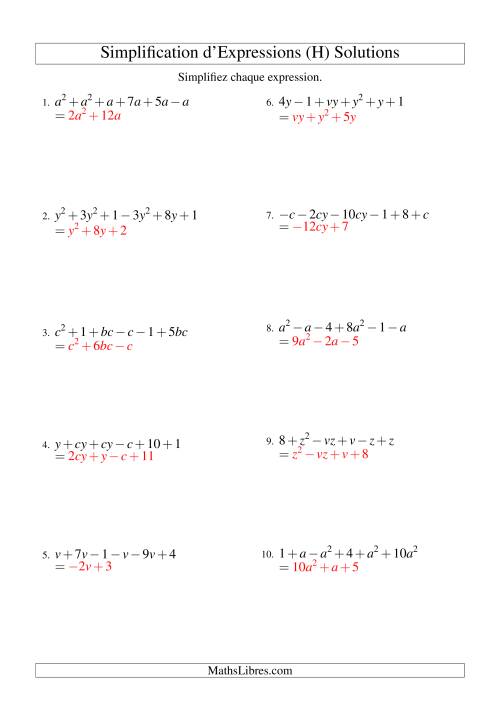 Simplification d'Expressions Algébriques avec Six Termes et Deux Variables (Addition et Soustraction) (H) page 2