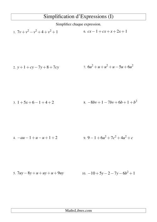 Simplification d'Expressions Algébriques avec Six Termes et Deux Variables (Addition et Soustraction) (I)