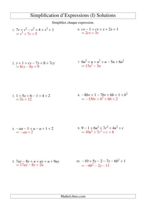 Simplification d'Expressions Algébriques avec Six Termes et Deux Variables (Addition et Soustraction) (I) page 2