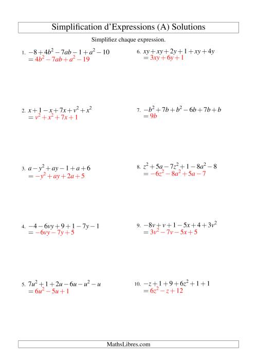 Simplification d'Expressions Algébriques avec Six Termes et Deux Variables (Addition et Soustraction) (Tout) page 2