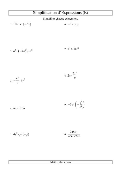 Simplification d'Expressions Algébriques avec Trois Termes et Une Variable (Multiplication et Division) (E)