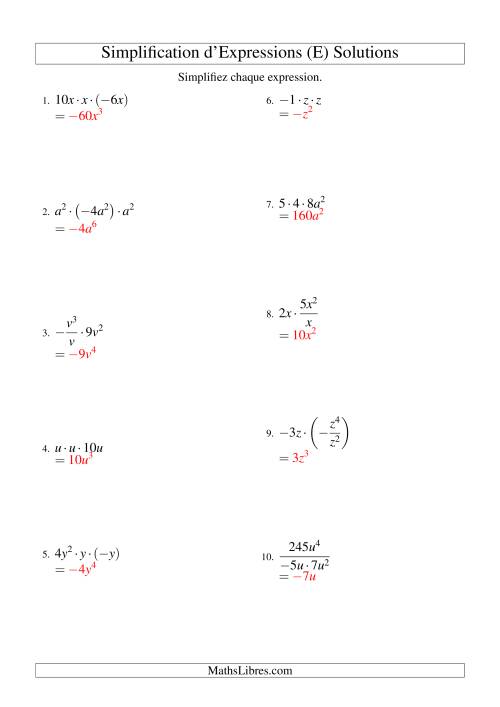 Simplification d'Expressions Algébriques avec Trois Termes et Une Variable (Multiplication et Division) (E) page 2