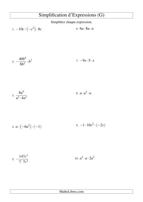 Simplification d'Expressions Algébriques avec Trois Termes et Une Variable (Multiplication et Division) (G)