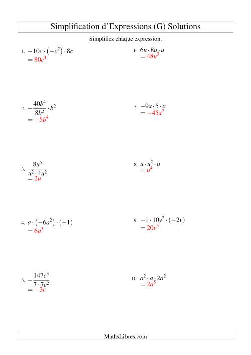 Simplification d'Expressions Algébriques avec Trois Termes et Une Variable (Multiplication et Division) (G) page 2