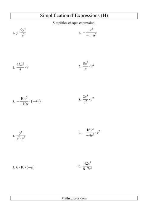 Simplification d'Expressions Algébriques avec Trois Termes et Une Variable (Multiplication et Division) (H)