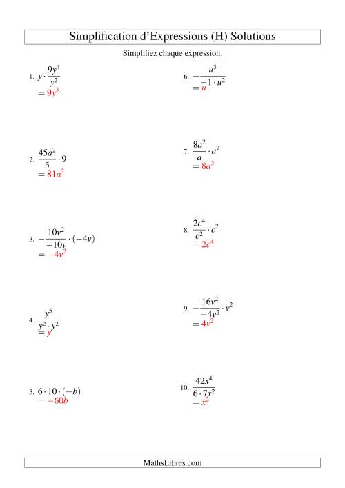 Simplification d'Expressions Algébriques avec Trois Termes et Une Variable (Multiplication et Division) (H) page 2