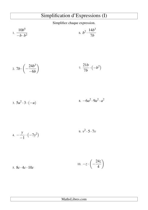 Simplification d'Expressions Algébriques avec Trois Termes et Une Variable (Multiplication et Division) (I)