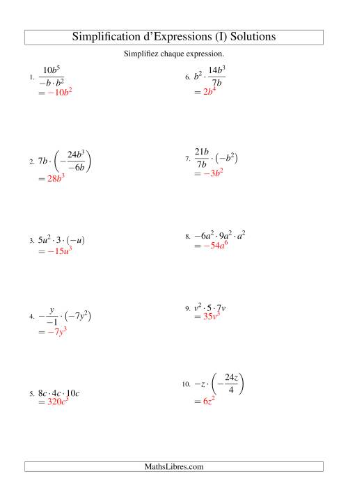 Simplification d'Expressions Algébriques avec Trois Termes et Une Variable (Multiplication et Division) (I) page 2