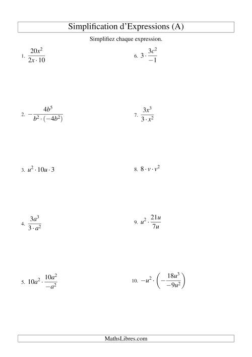 Simplification d'Expressions Algébriques avec Trois Termes et Une Variable (Multiplication et Division) (Tout)