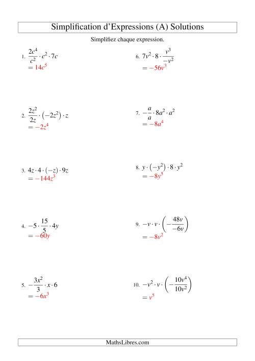 Simplification d'Expressions Algébriques avec Quatre Termes et Une Variable (Multiplication et Division) (A) page 2
