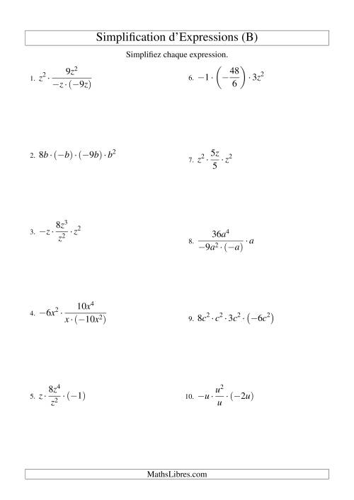 Simplification d'Expressions Algébriques avec Quatre Termes et Une Variable (Multiplication et Division) (B)