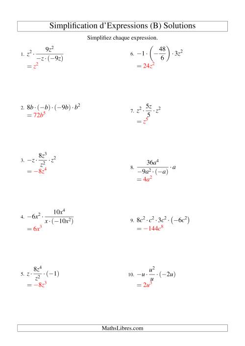 Simplification d'Expressions Algébriques avec Quatre Termes et Une Variable (Multiplication et Division) (B) page 2