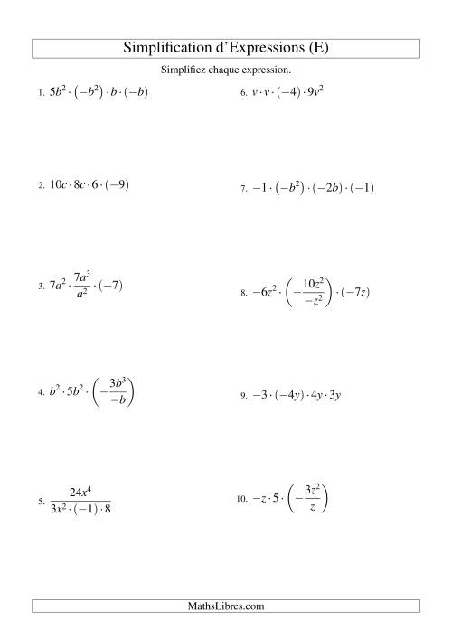Simplification d'Expressions Algébriques avec Quatre Termes et Une Variable (Multiplication et Division) (E)