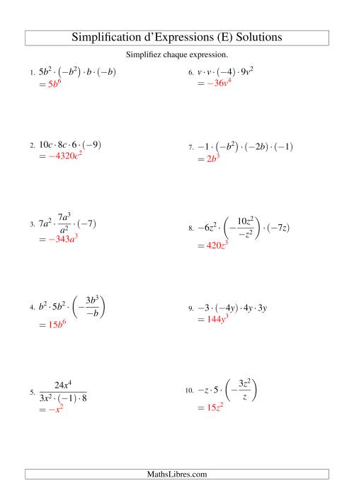 Simplification d'Expressions Algébriques avec Quatre Termes et Une Variable (Multiplication et Division) (E) page 2