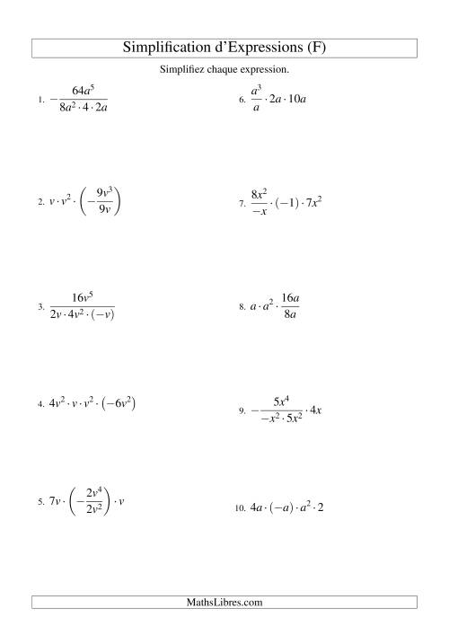 Simplification d'Expressions Algébriques avec Quatre Termes et Une Variable (Multiplication et Division) (F)